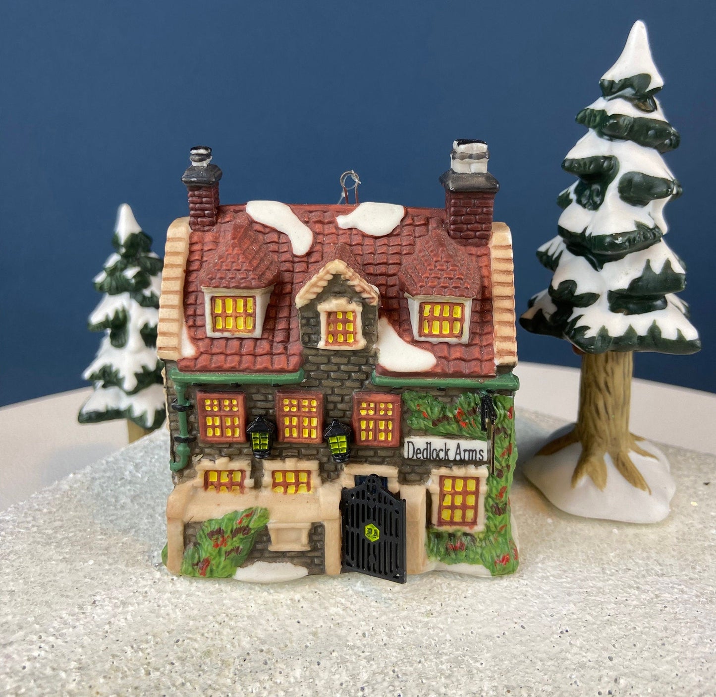 Set of 3 Tree Ornaments by Dept 56. Porcelain Hand Painted Bldgs.: Dedlock Arms, Santa's Workshop, and Dickens'Village Mill. Home or Retail.