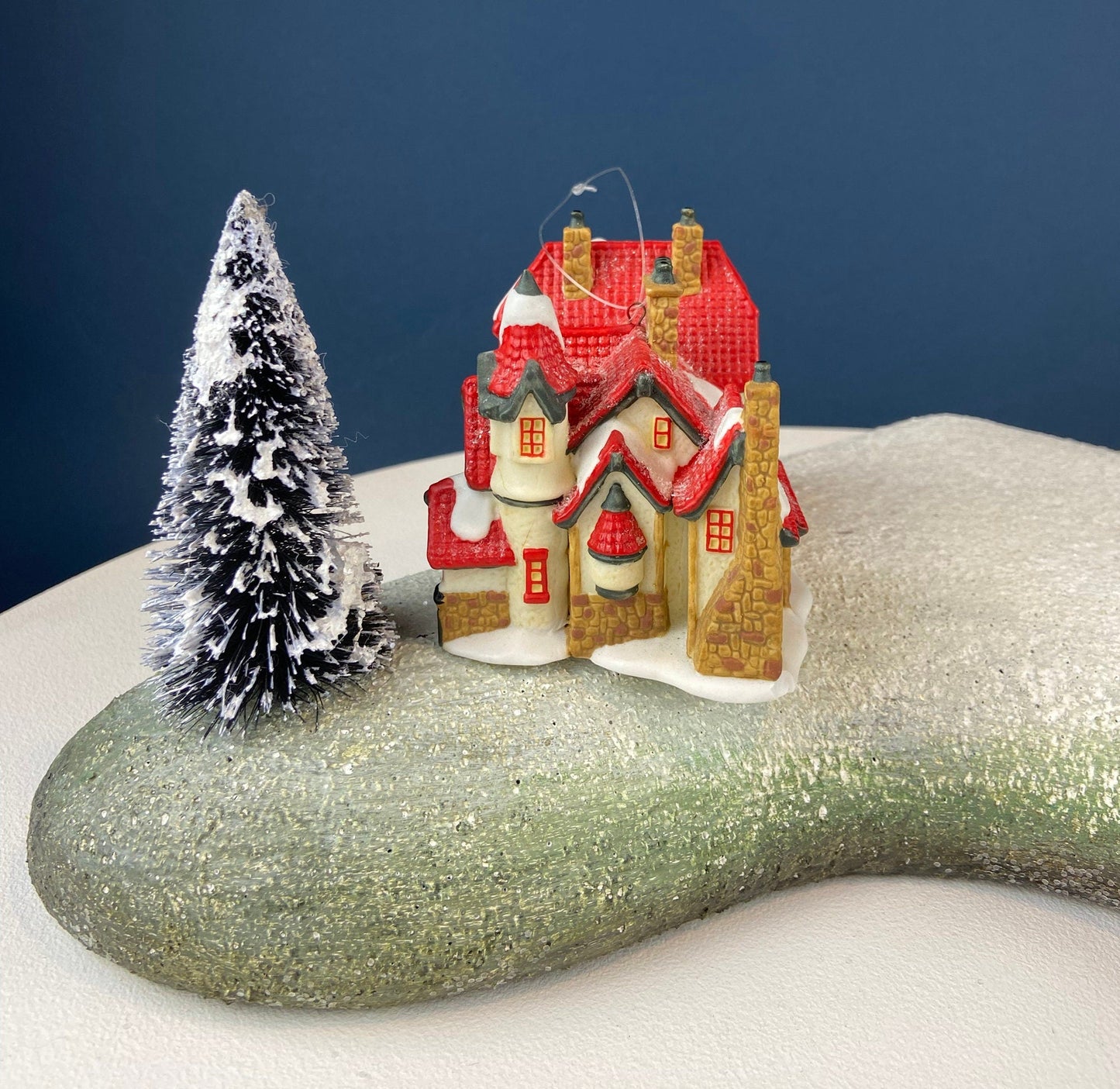 Set of 3 Tree Ornaments by Dept 56. Porcelain Hand Painted Bldgs.: Dedlock Arms, Santa's Workshop, and Dickens'Village Mill. Home or Retail.