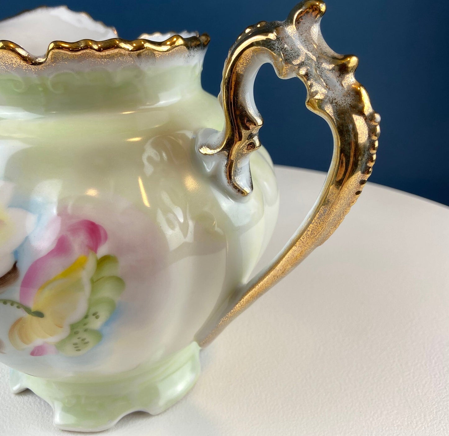 Lefton Porcelain Pitcher Vase: Hand Painted Wild Rose, Gold Trim
