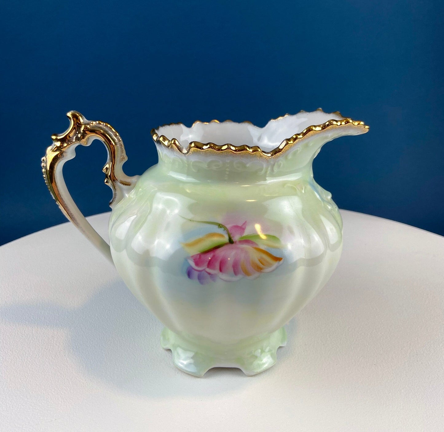 Lefton Porcelain Pitcher Vase: Hand Painted Wild Rose, Gold Trim