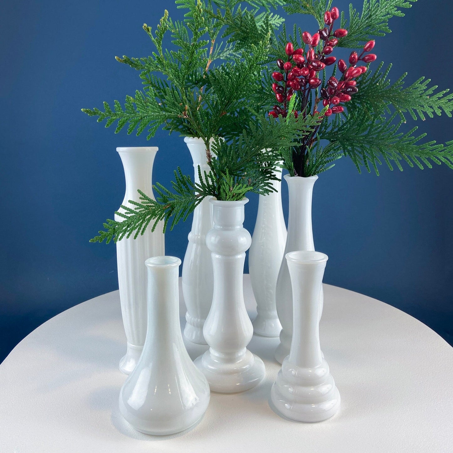 Collection of Milk Glass Vases. Set of Seven. Varying Shapes and Sizes. Contemporary Designs. White Kitchen, Dining, or Living Room Decor.