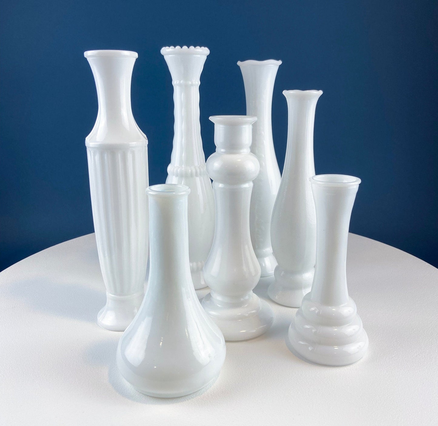 Collection of Milk Glass Vases. Set of Seven. Varying Shapes and Sizes. Contemporary Designs. White Kitchen, Dining, or Living Room Decor.