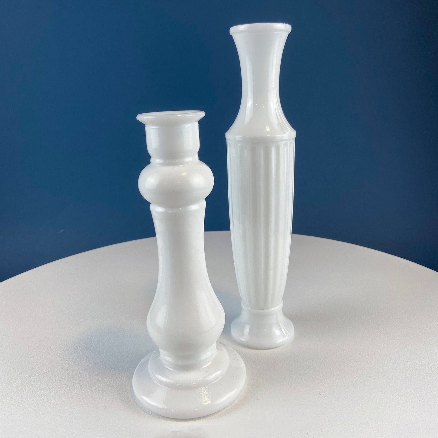 Collection of Milk Glass Vases. Set of Seven. Varying Shapes and Sizes. Contemporary Designs. White Kitchen, Dining, or Living Room Decor.