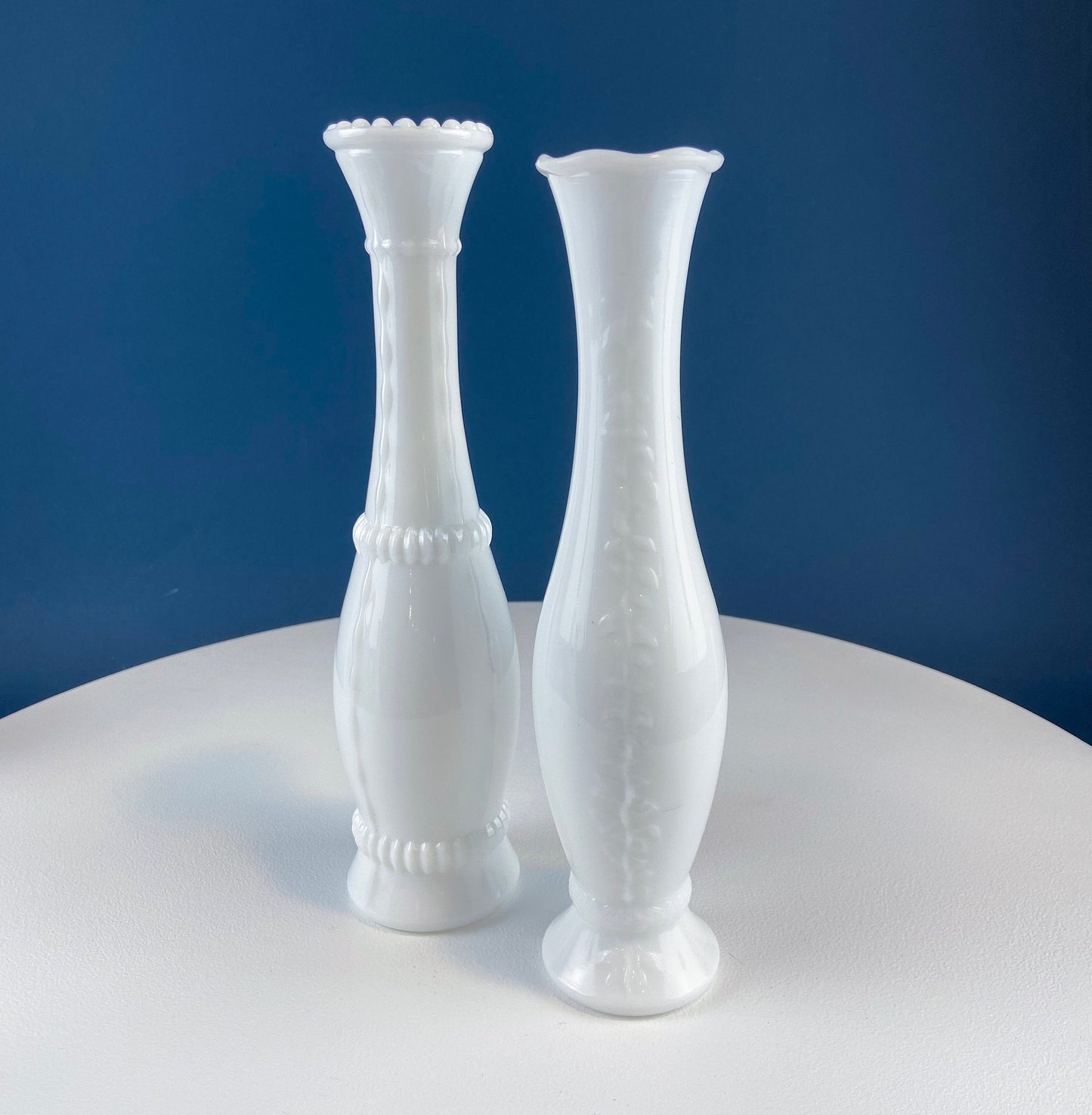 Collection of Milk Glass Vases. Set of Seven. Varying Shapes and Sizes. Contemporary Designs. White Kitchen, Dining, or Living Room Decor.