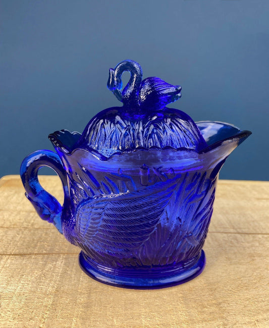 Cobalt Blue Creamer with Swan-Shaped Handle and Lid. Glass Creamer with Embossed Reed and Swans. Collectible Glass. Gift Idea.