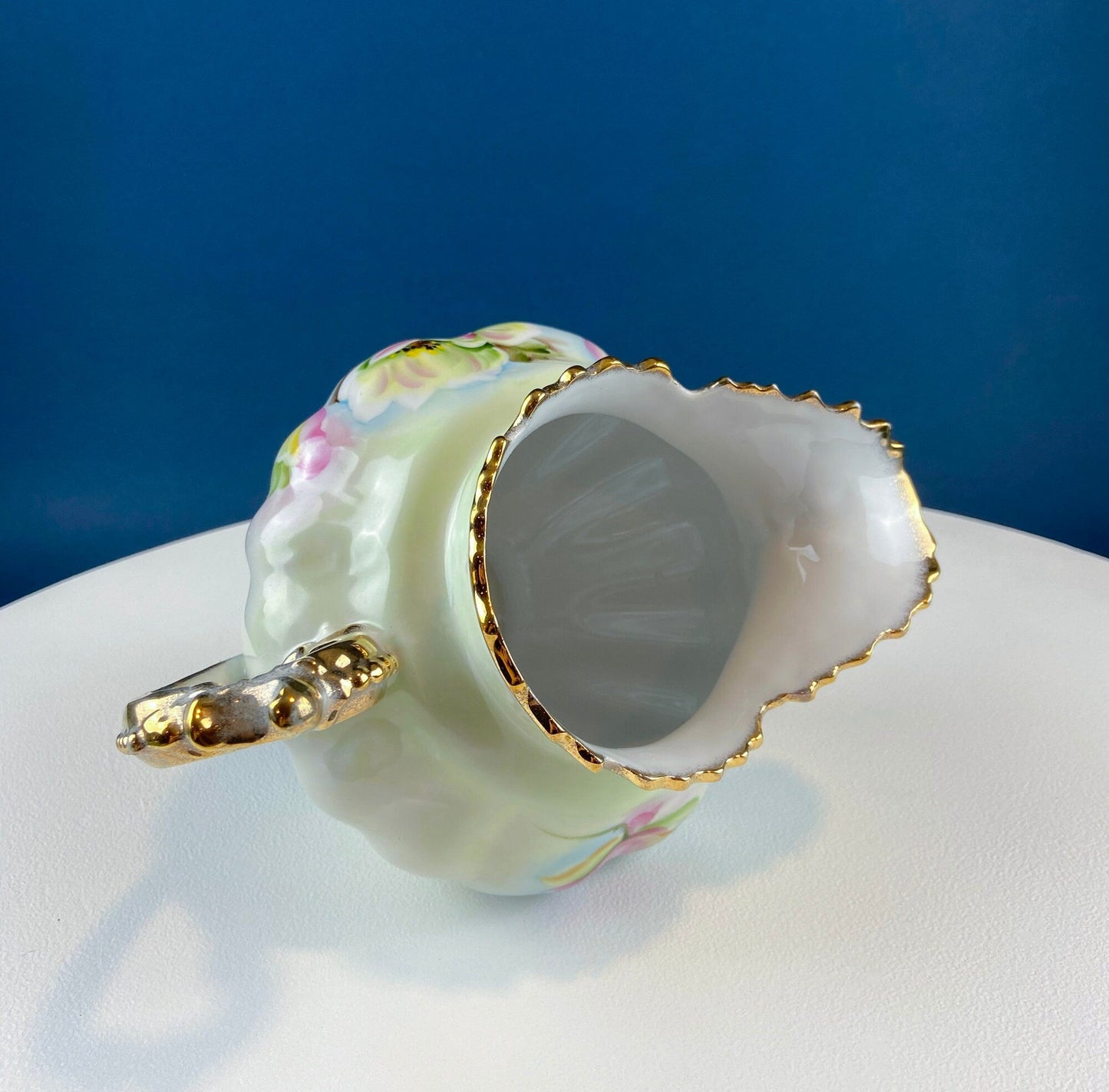 Lefton Porcelain Pitcher Vase: Hand Painted Wild Rose, Gold Trim