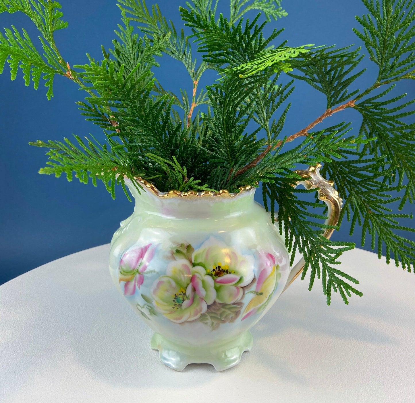 Lefton Porcelain Pitcher Vase: Hand Painted Wild Rose, Gold Trim