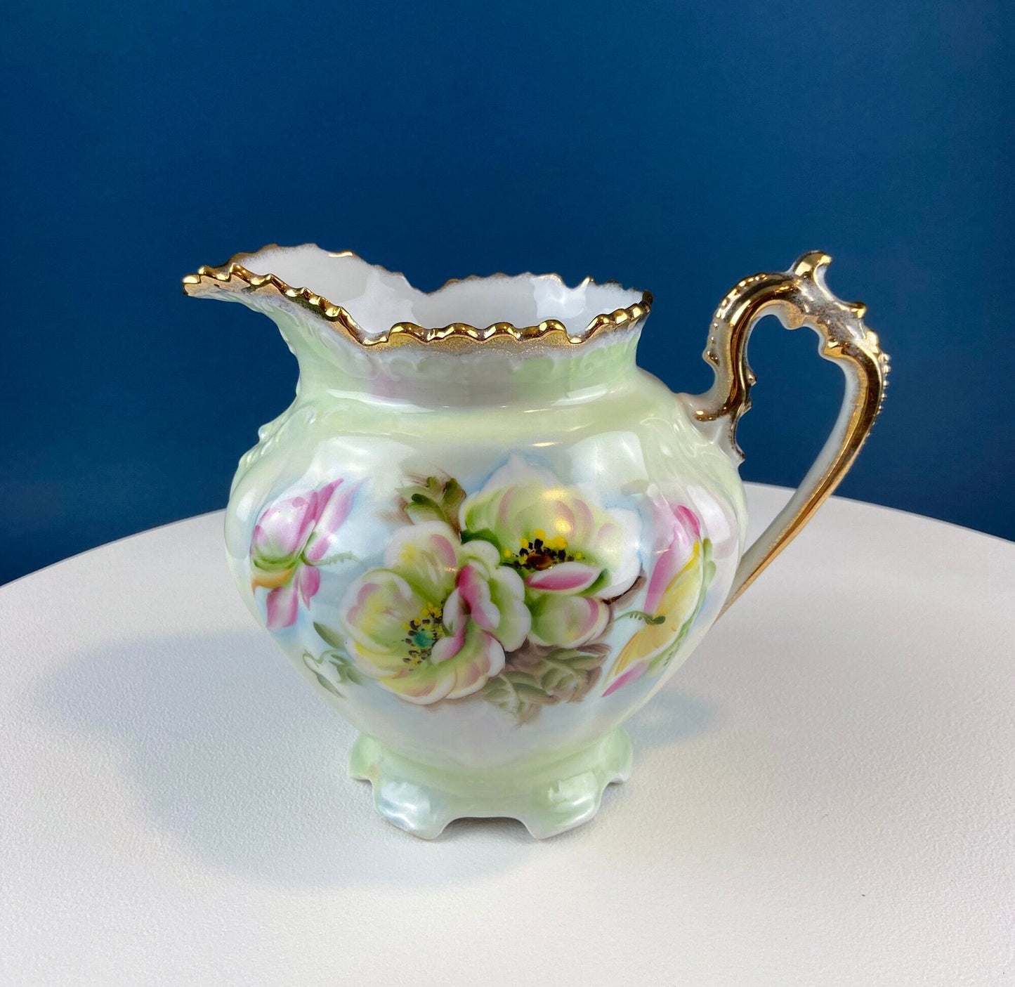 Lefton Porcelain Pitcher Vase: Hand Painted Wild Rose, Gold Trim