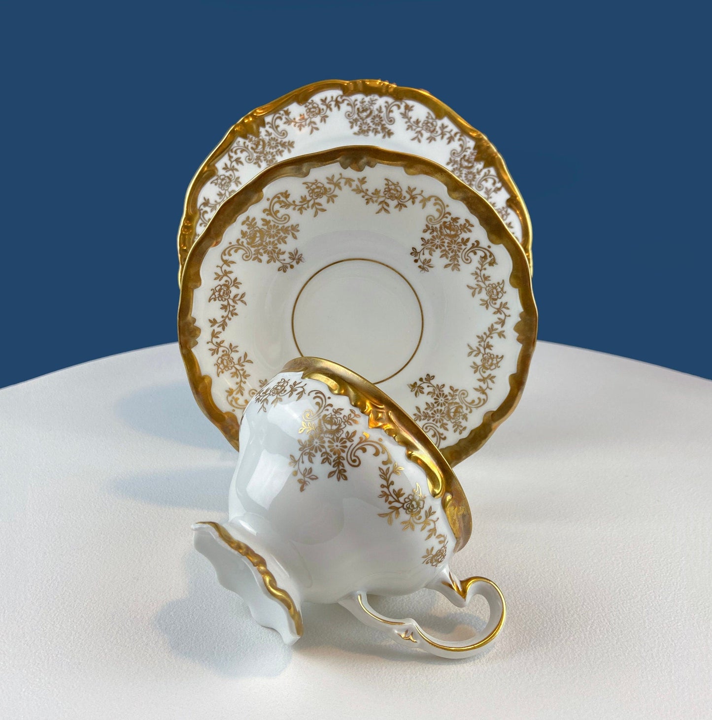 Stunning Antique White and Gold Tea Set Trio. Weimar Porcelain, Katharina Pattern. Hand Painted Floral Gold Trim. Dining Room Decor.