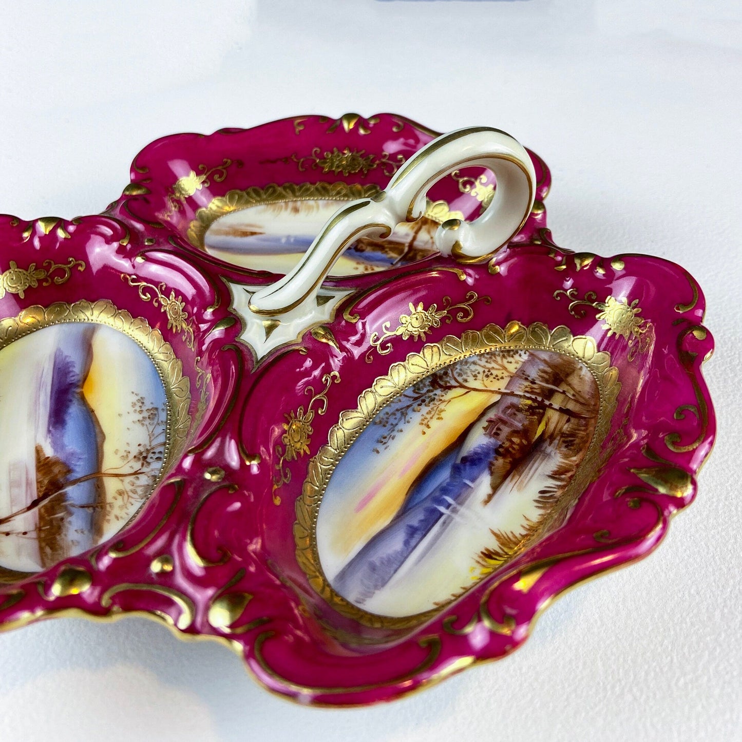 Porcelain Divided Bowl with Handle, Decorated with Three Different Hand Painted Landscapes. Antique Rare Collectible Art Dish.