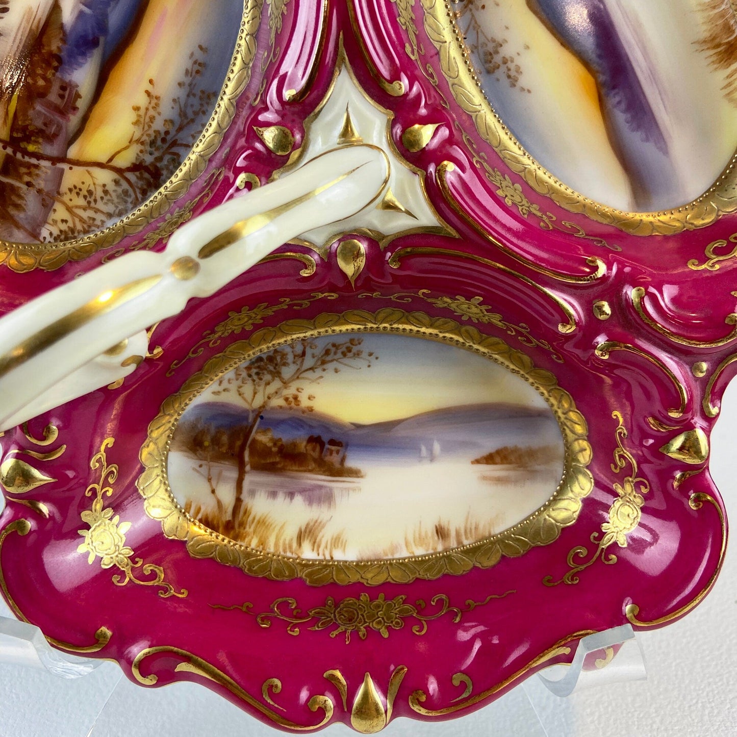 Porcelain Divided Bowl with Handle, Decorated with Three Different Hand Painted Landscapes. Antique Rare Collectible Art Dish.