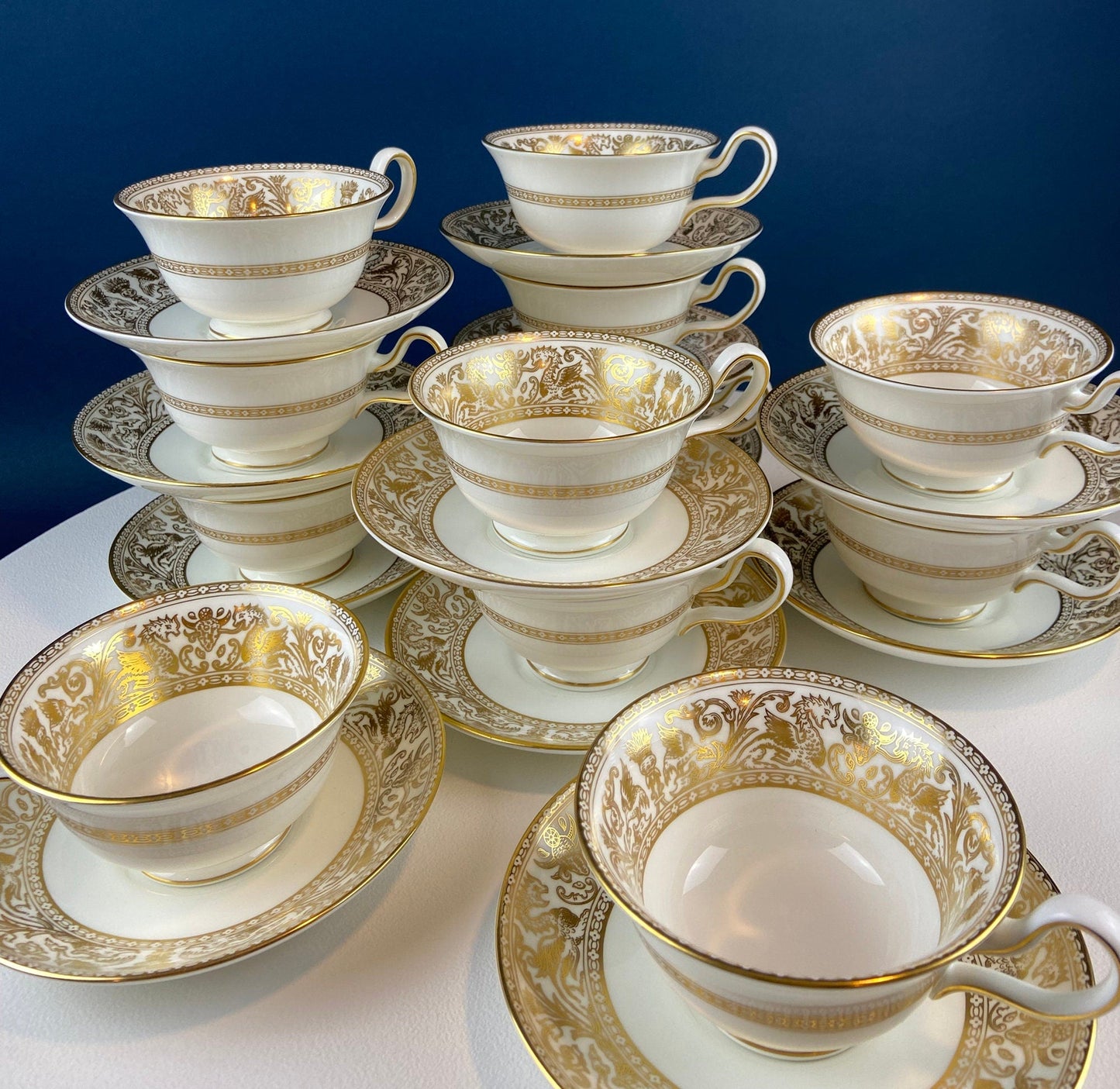 Antique Wedgewood Tea Cup and Saucer: Florentine Gold Dragons