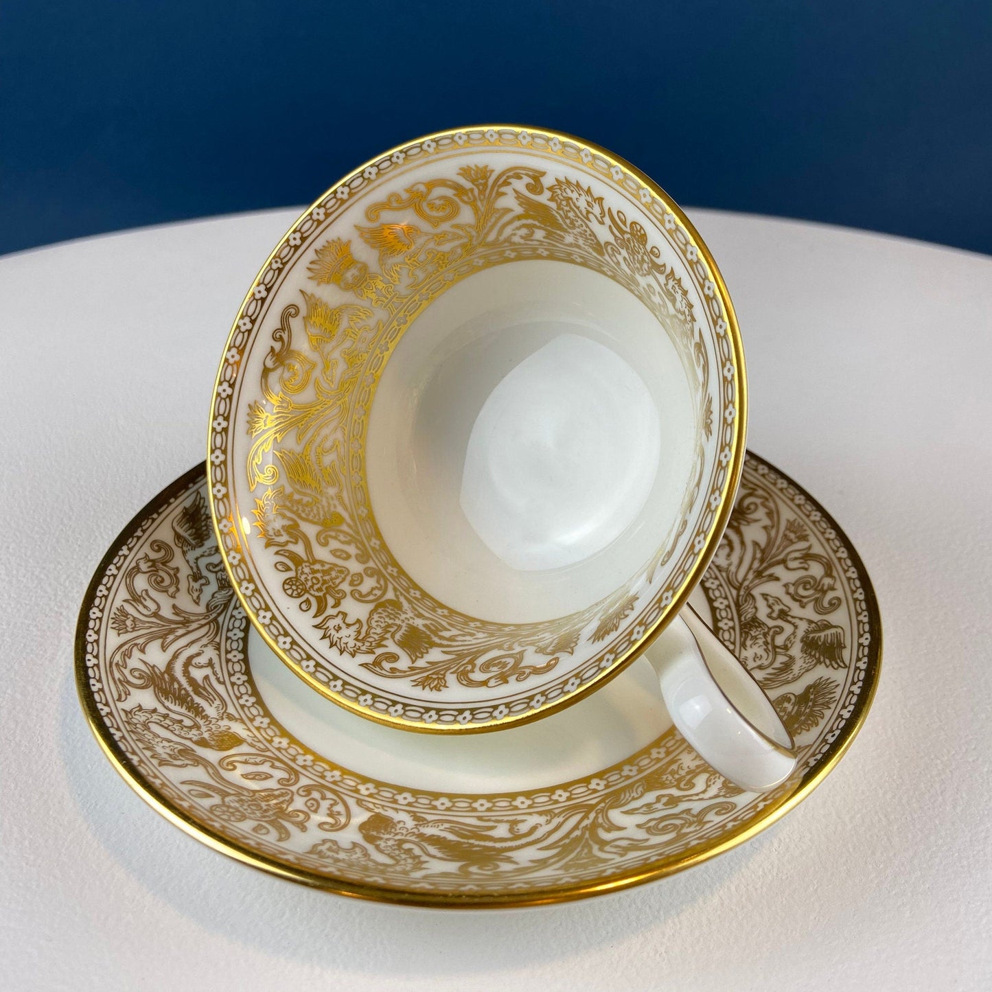 Antique Wedgewood Tea Cup and Saucer: Florentine Gold Dragons