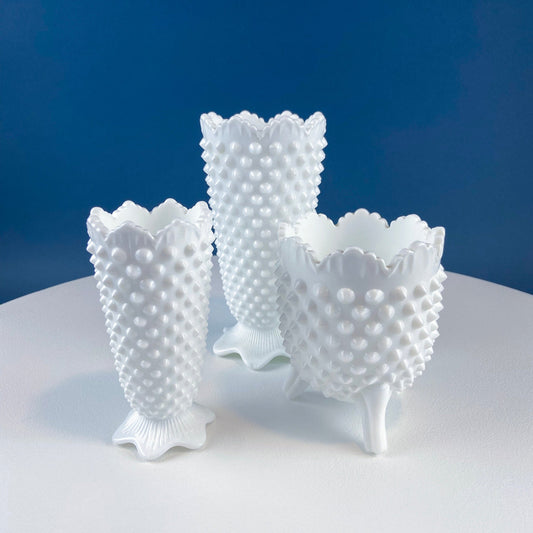 Collection of Hobnail Milk Glass Vases. Set of 3 White, Varying Shapes & Sizes. Scalloped Edges. Contemporary Cottage. Modern Farmhouse.