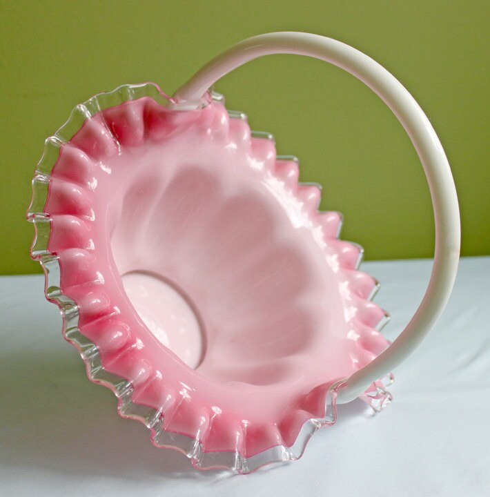 Crystal Basket /  Pink Crest and Silvercrest Bowl with Handle. Ruffled Scalloped Rim.