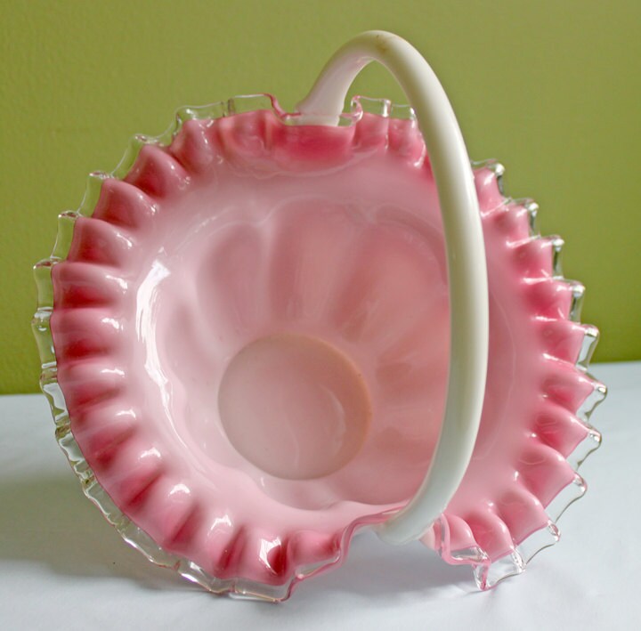 Crystal Basket /  Pink Crest and Silvercrest Bowl with Handle. Ruffled Scalloped Rim.
