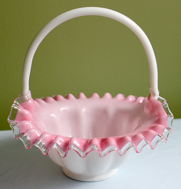 Crystal Basket /  Pink Crest and Silvercrest Bowl with Handle. Ruffled Scalloped Rim.