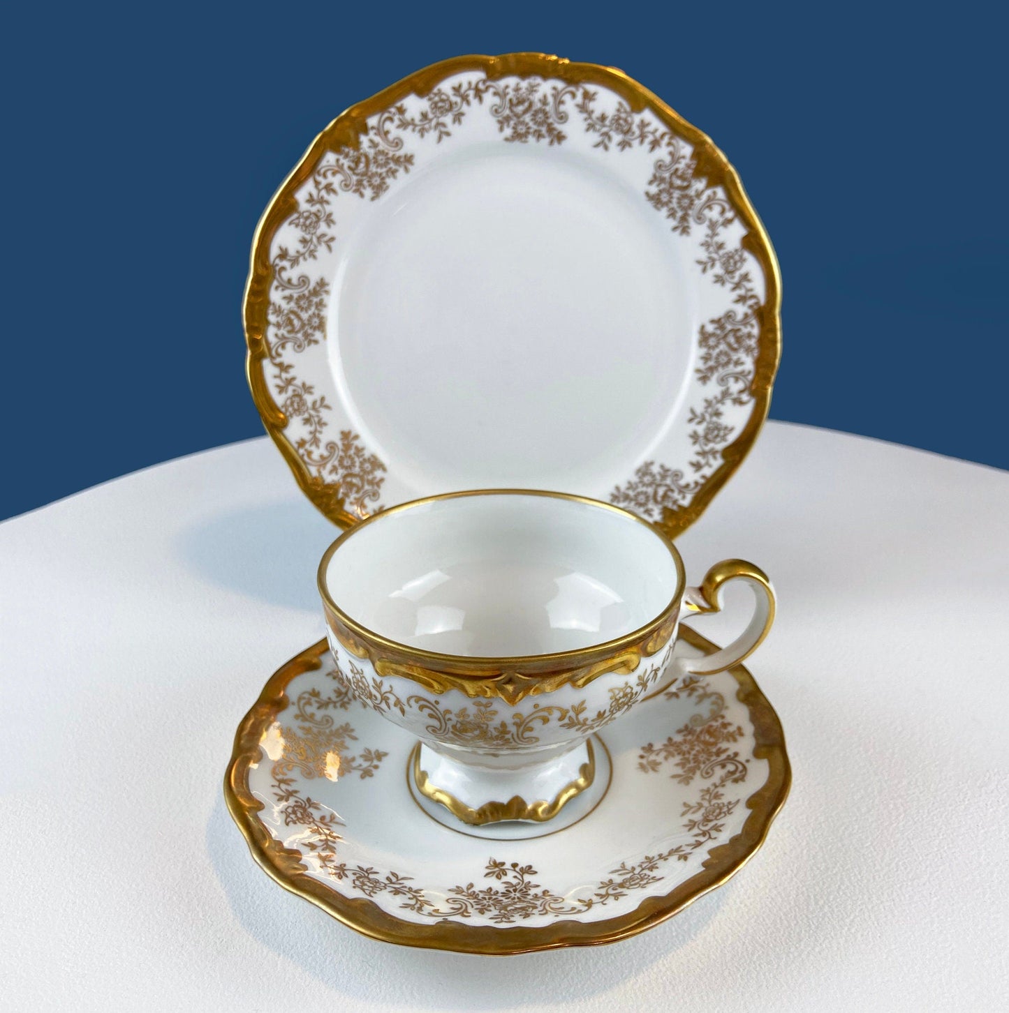 Stunning Antique White and Gold Tea Set Trio. Weimar Porcelain, Katharina Pattern. Hand Painted Floral Gold Trim. Dining Room Decor.