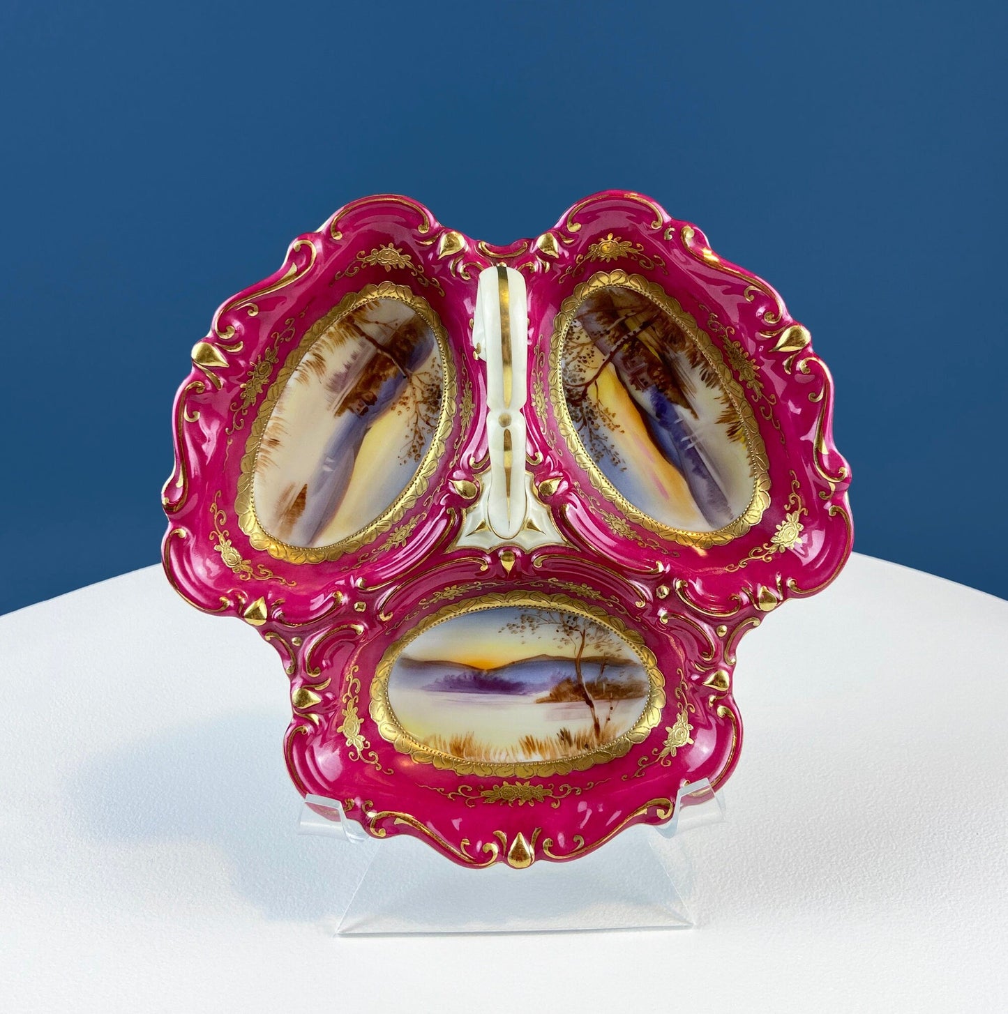 Porcelain Divided Bowl with Handle, Decorated with Three Different Hand Painted Landscapes. Antique Rare Collectible Art Dish.