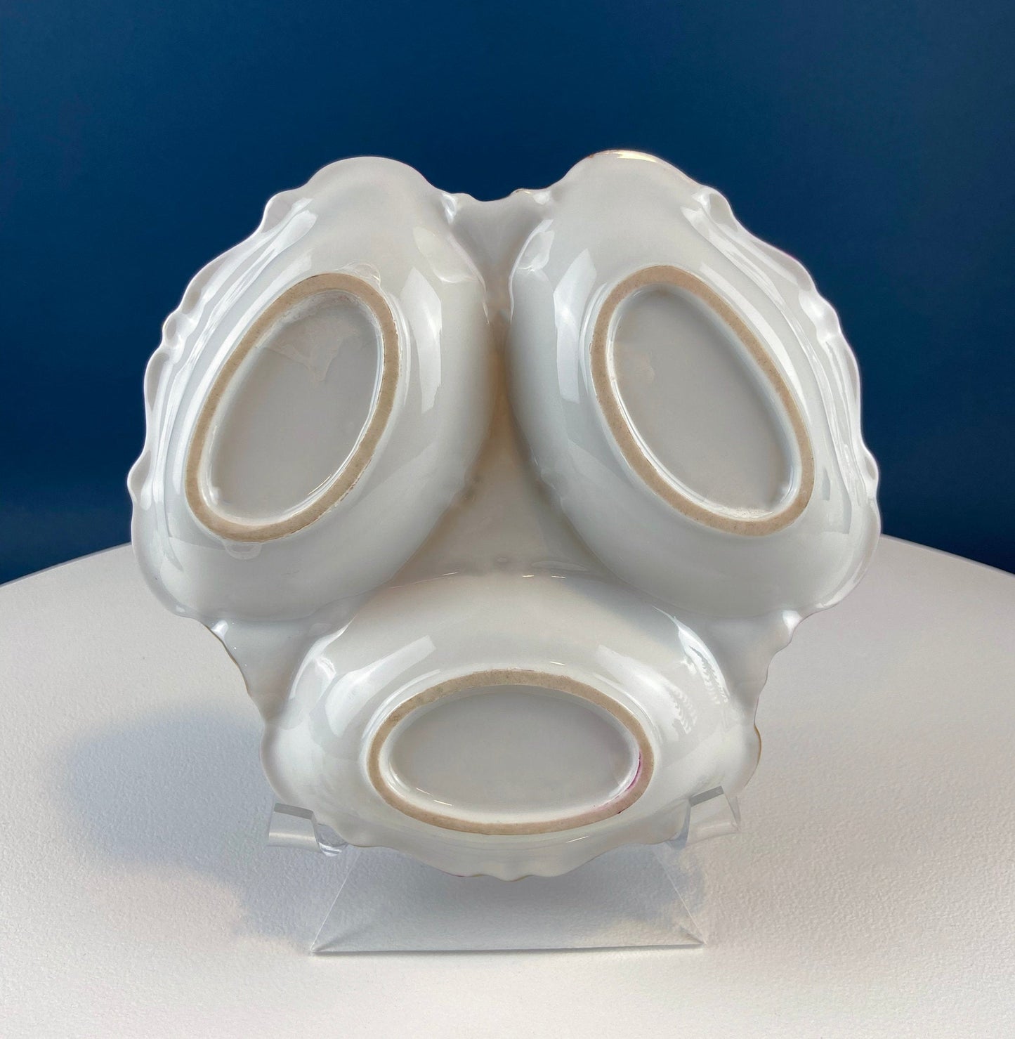 Porcelain Divided Bowl with Handle, Decorated with Three Different Hand Painted Landscapes. Antique Rare Collectible Art Dish.