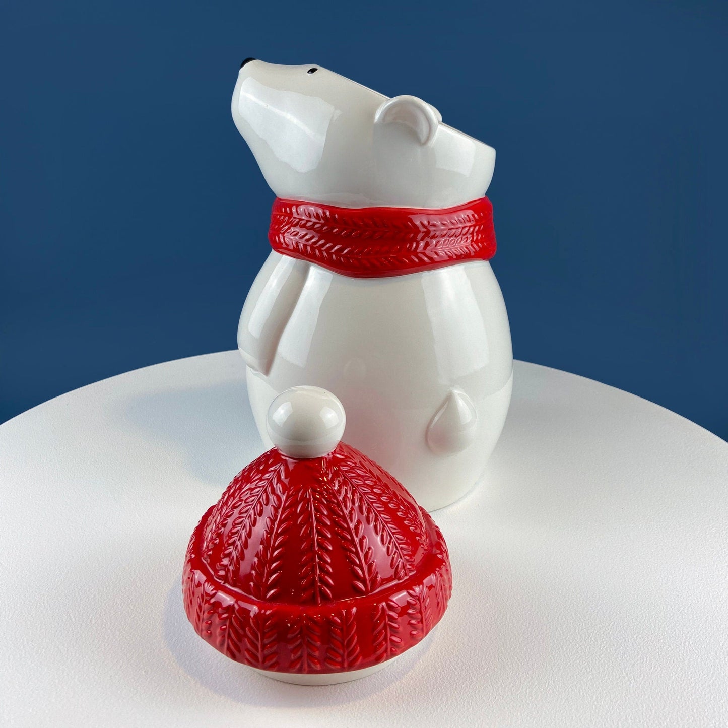 Polar Bear in Red Hat Cookie Jar. Cute, Animal Themed Kitchen Storage Canister or Kids' Room Decor. Holiday Dining Room Decor.