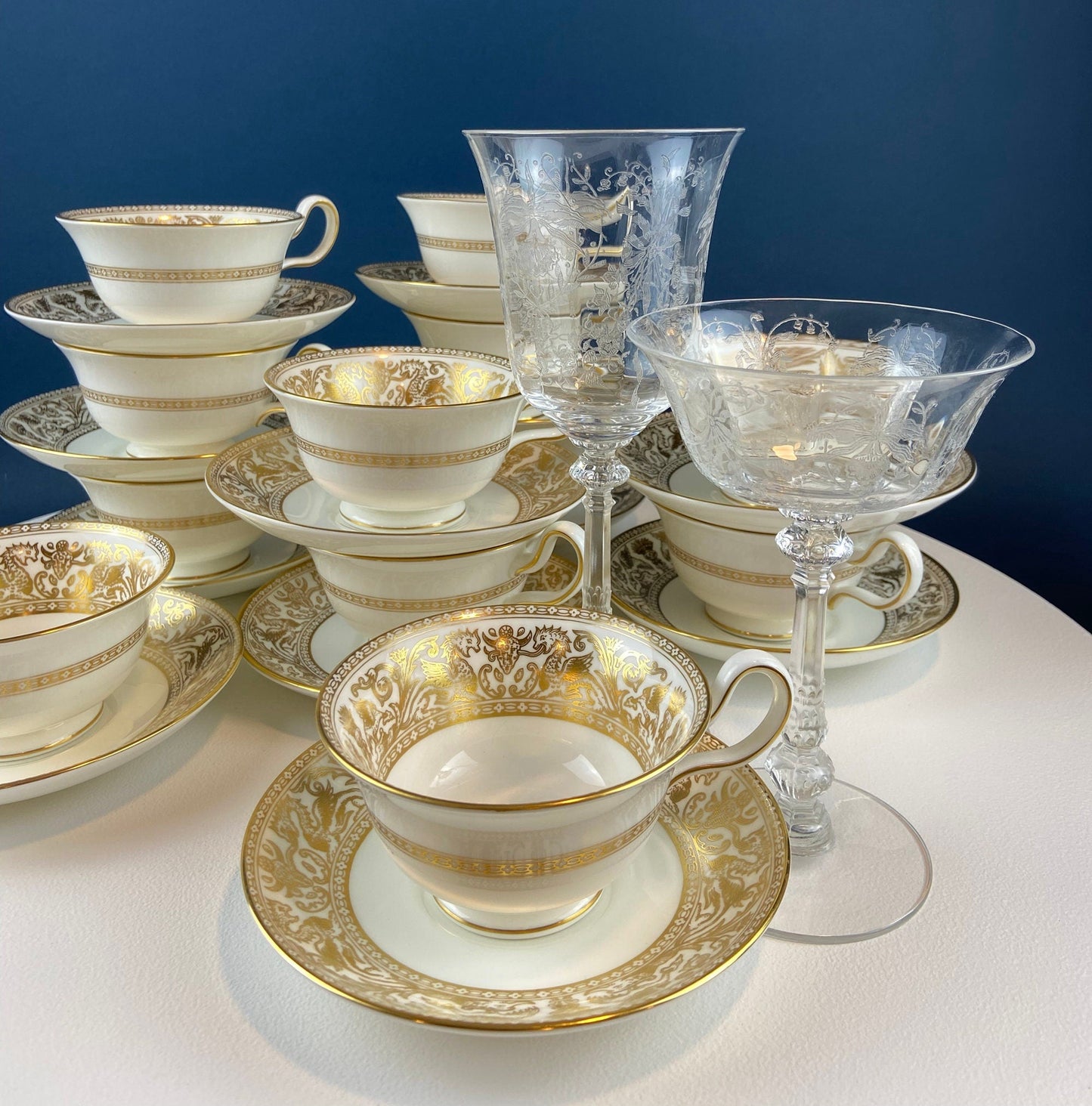 Antique Wedgewood Tea Cup and Saucer: Florentine Gold Dragons