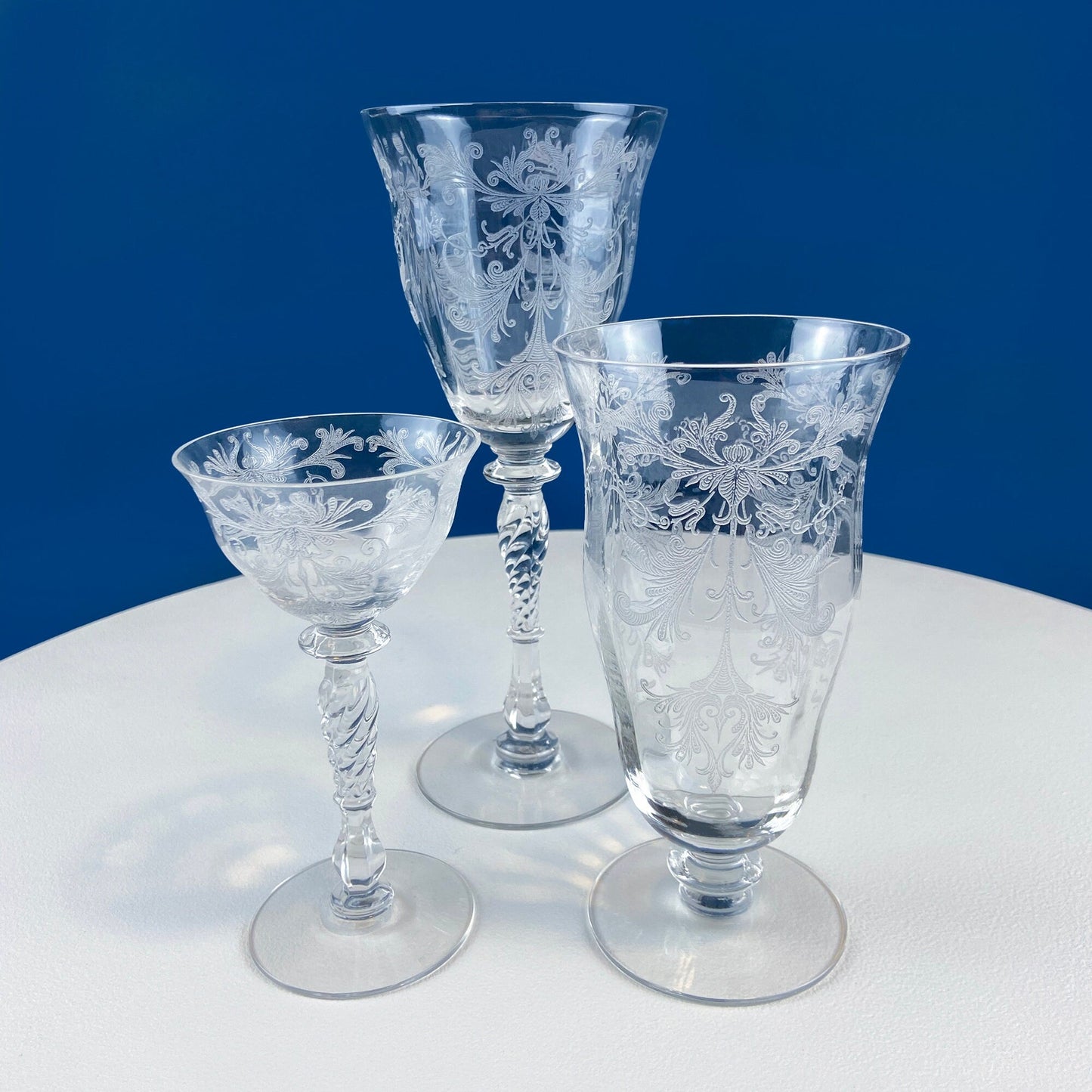 Tiffin Franciscan Water or Juice Glasses. Set of Five Byzantine Etched Stemware. Floral Motif. Fine Dining. Collectible Stemware.