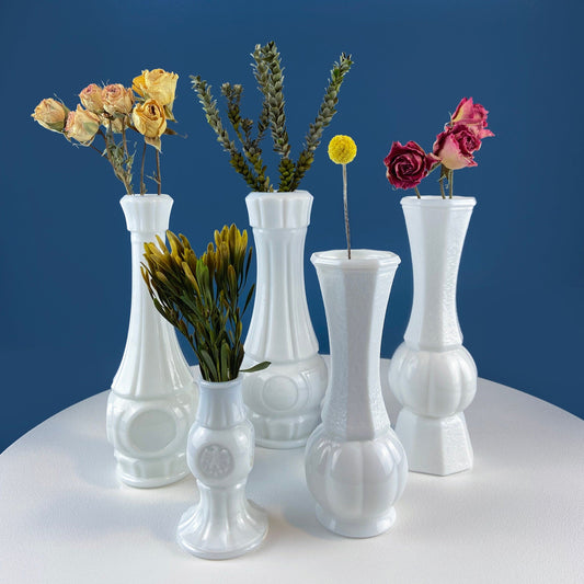 Collection of White Milk Glass Vases with Coin Imprint. Set of Five in Varying Shapes & Sizes. Contemporary Cottage or Modern Farmhouse.