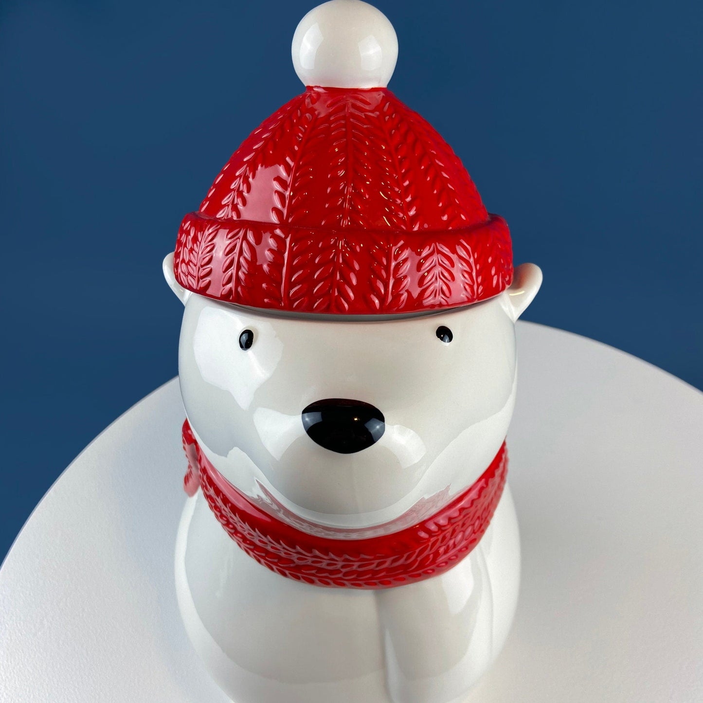 Polar Bear in Red Hat Cookie Jar. Cute, Animal Themed Kitchen Storage Canister or Kids' Room Decor. Holiday Dining Room Decor.
