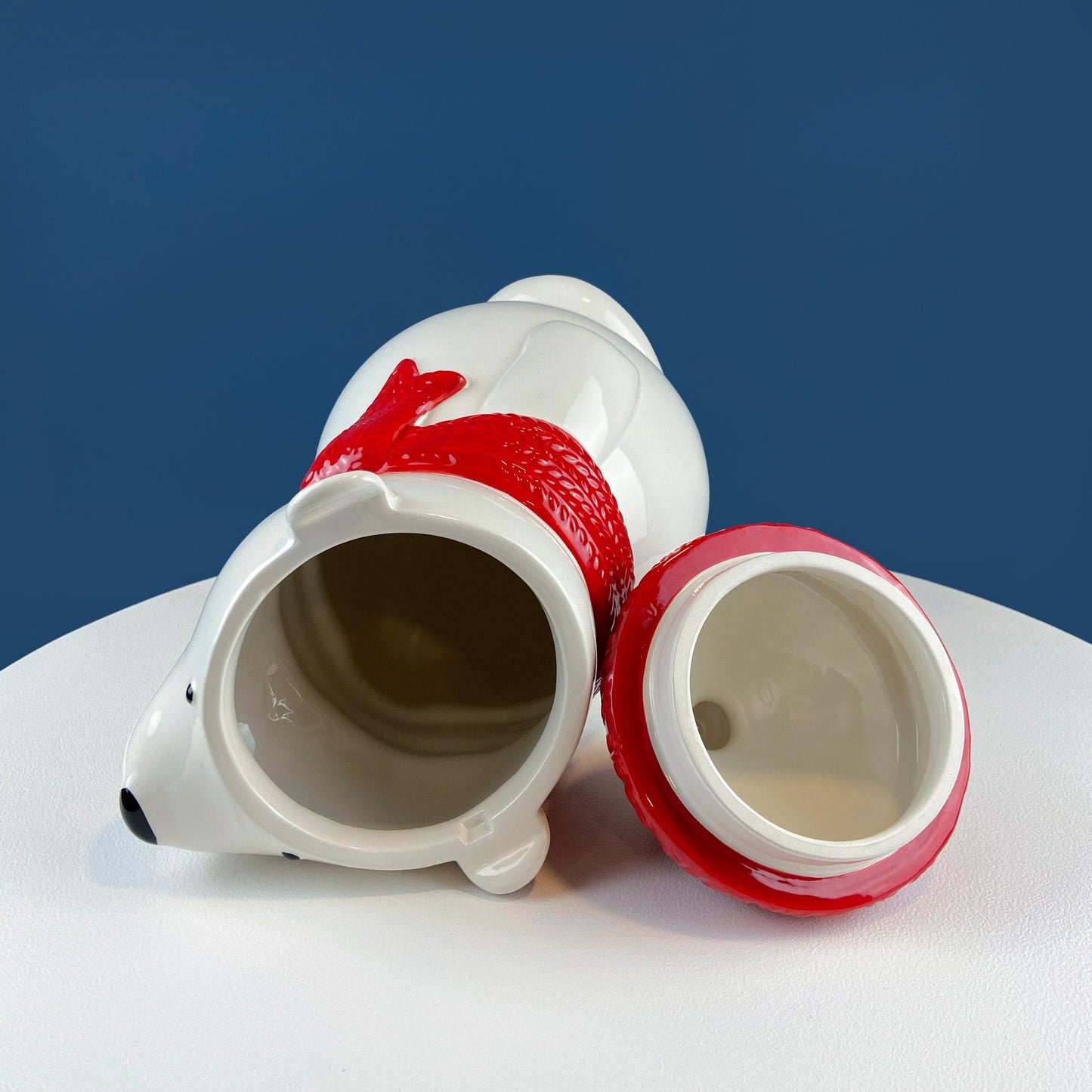 Polar Bear in Red Hat Cookie Jar. Cute, Animal Themed Kitchen Storage Canister or Kids' Room Decor. Holiday Dining Room Decor.