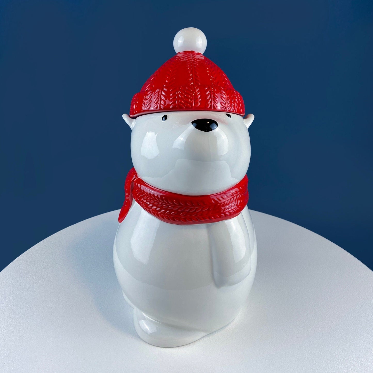 Polar Bear in Red Hat Cookie Jar. Cute, Animal Themed Kitchen Storage Canister or Kids' Room Decor. Holiday Dining Room Decor.