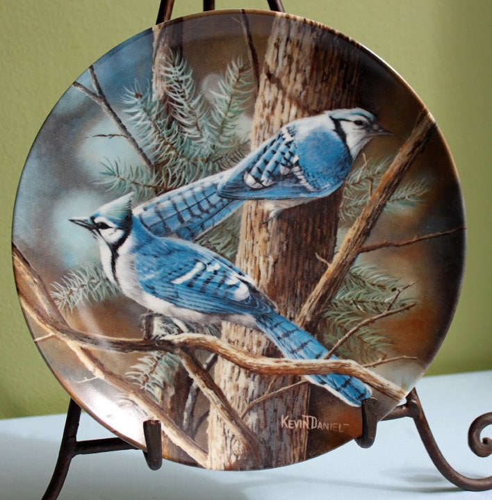 Decorative Hand Painted Plate with Blue Jay Birds. Collectible Plate Number 6304D.  Limited Edition Display Art Plate, Signed by Artist.