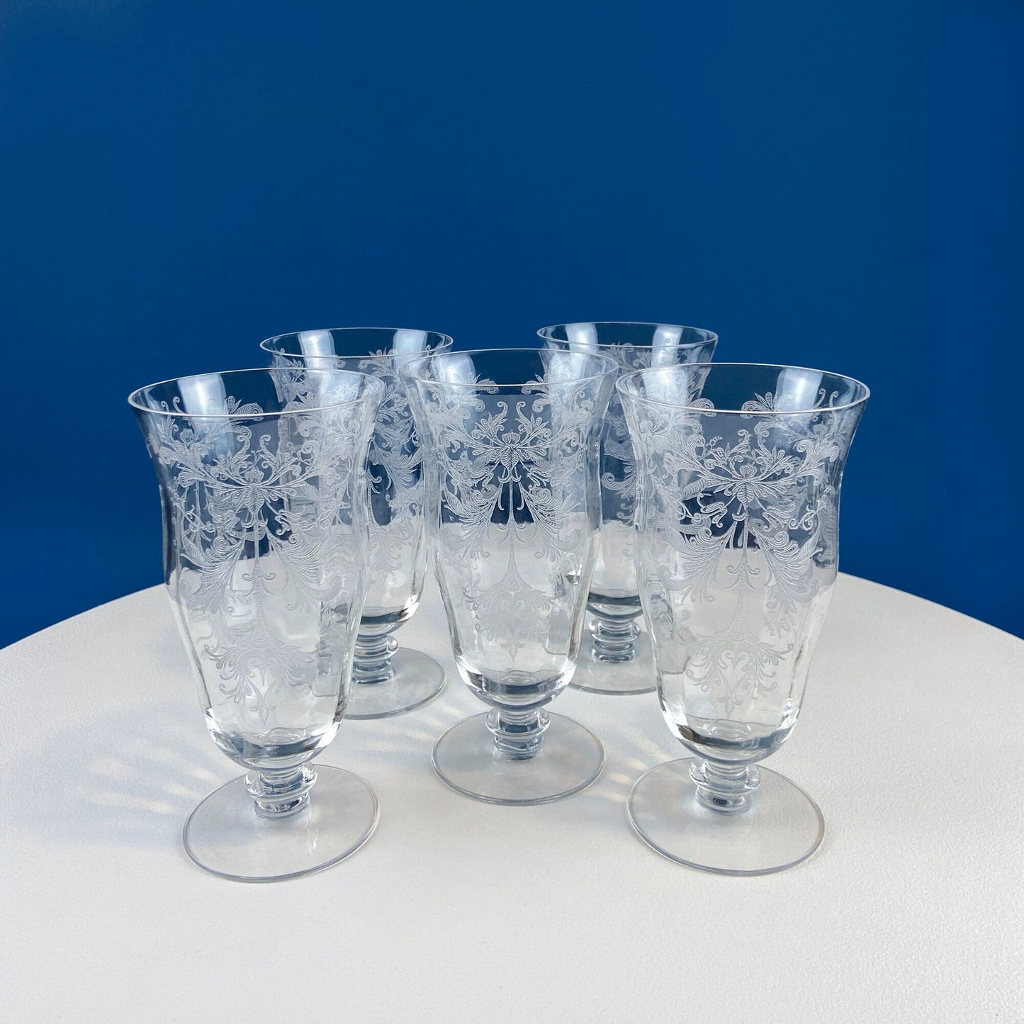 Tiffin Franciscan Water or Juice Glasses. Set of Five Byzantine Etched Stemware. Floral Motif. Fine Dining. Collectible Stemware.
