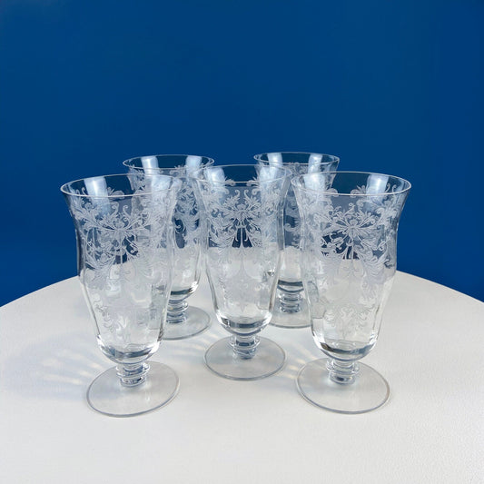 Tiffin Franciscan Water or Juice Glasses. Set of Five Byzantine Etched Stemware. Floral Motif. Fine Dining. Collectible Stemware.