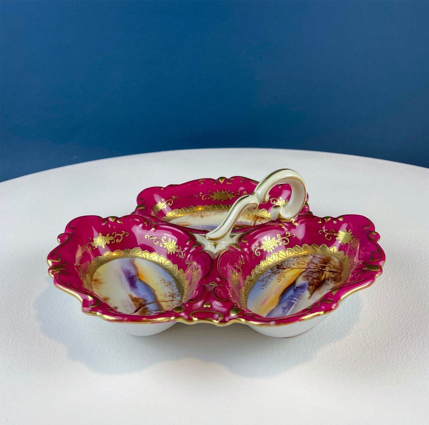 Porcelain Divided Bowl with Handle, Decorated with Three Different Hand Painted Landscapes. Antique Rare Collectible Art Dish.