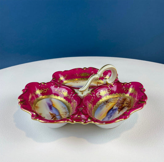 Porcelain Divided Bowl with Handle, Decorated with Three Different Hand Painted Landscapes. Antique Rare Collectible Art Dish.