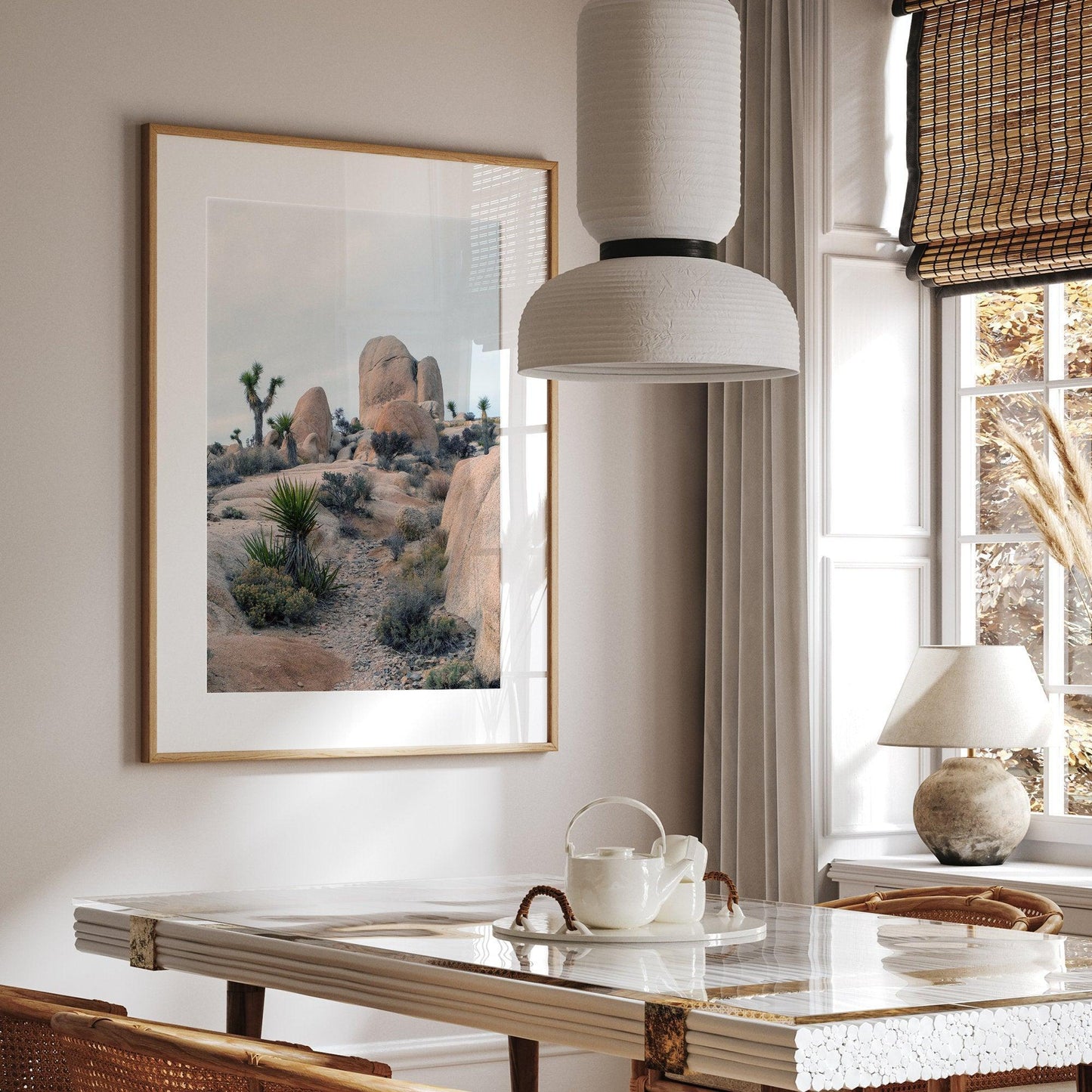 California desert art print featuring desert plants and Joshua Trees in a stylish home setting.