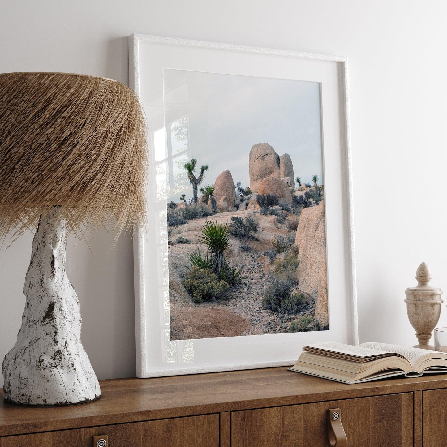 California desert art print featuring desert plants and Joshua Trees in a framed portrait.