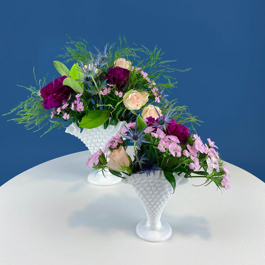 Set of Two Fan Shaped Hobnail Milk Glass Vases. Two Sizes with Scalloped Edges. Contemporary Cottage. Modern Farmhouse. Collectible Glass.