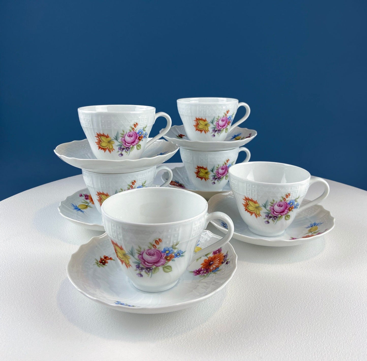 Antique Hutschenreuther Porcelain Coffee Set. Coffee or Teapot, Sugar Jar, Creamer, 2 8" Dessert Plates, & 6 Tea Cups/Saucers. Floral Motif.