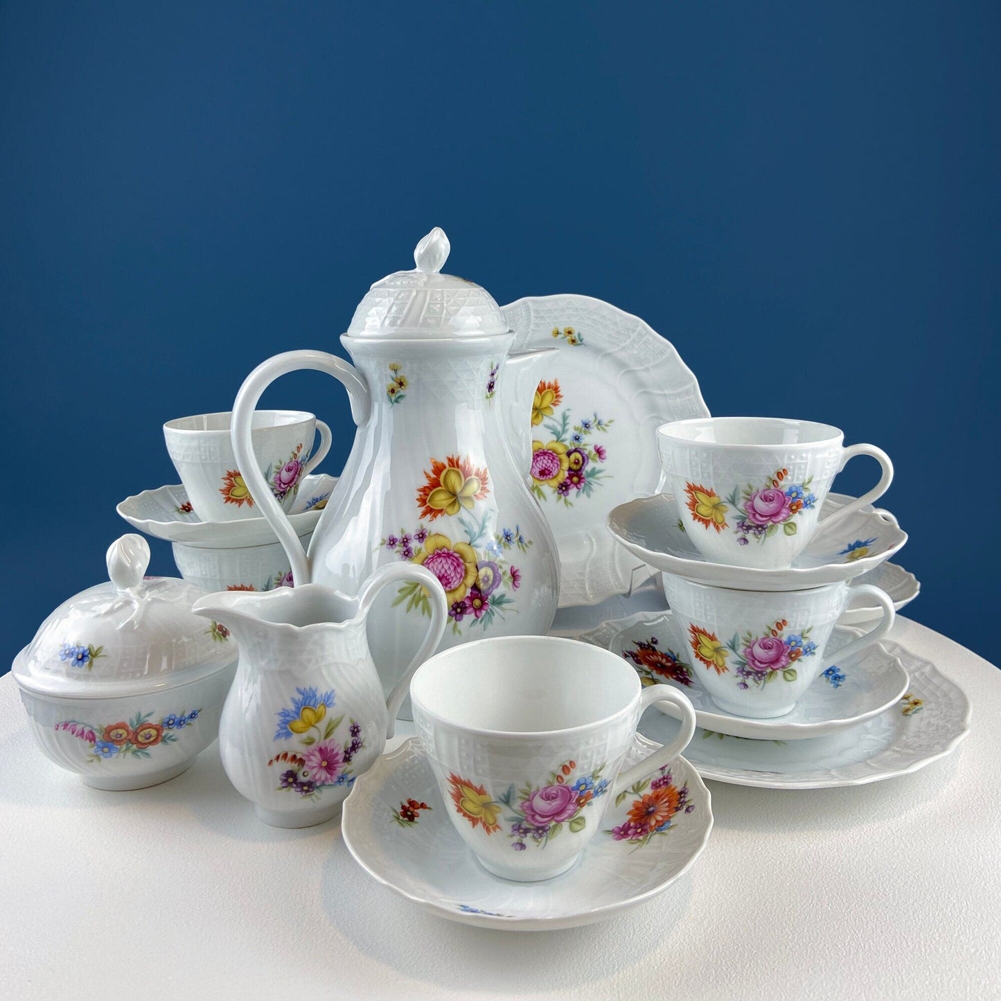 Antique Hutschenreuther Porcelain Coffee Set. Coffee or Teapot, Sugar Jar, Creamer, 2 8" Dessert Plates, & 6 Tea Cups/Saucers. Floral Motif.