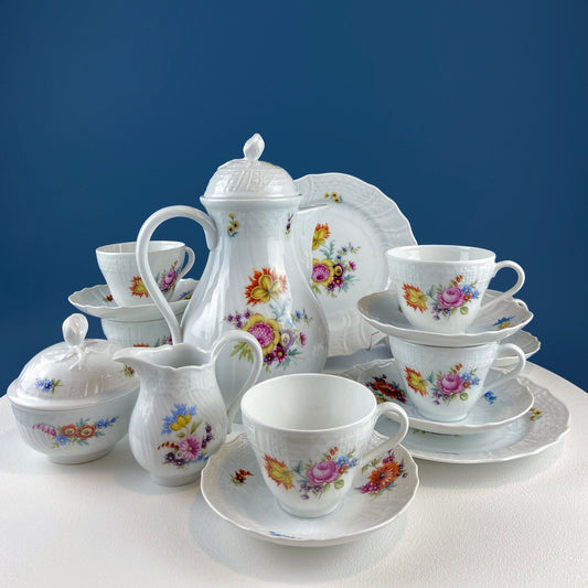 Antique Hutschenreuther Porcelain Coffee Set. Coffee or Teapot, Sugar Jar, Creamer, 2 8" Dessert Plates, & 6 Tea Cups/Saucers. Floral Motif.