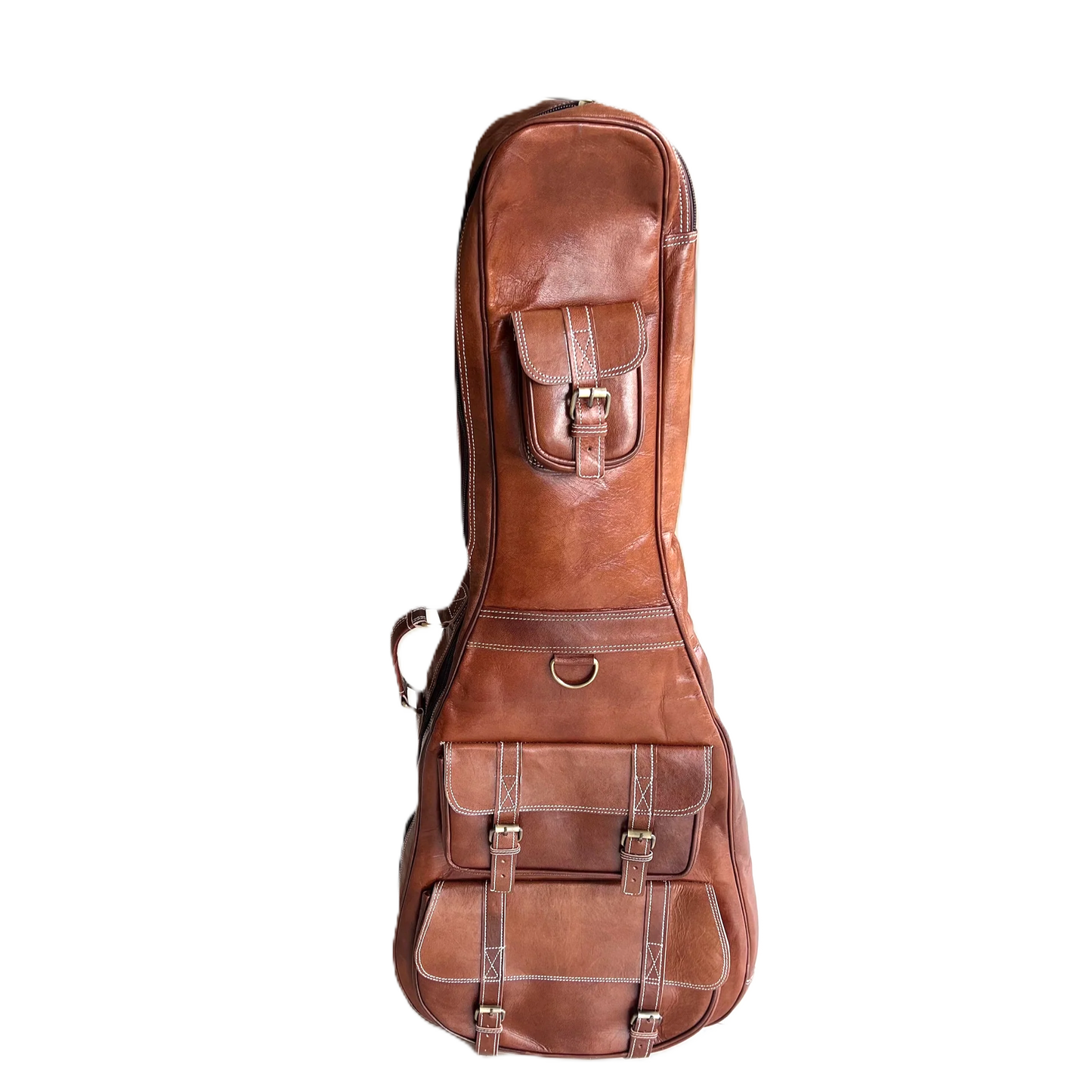 Brown leather guitar case on a white background