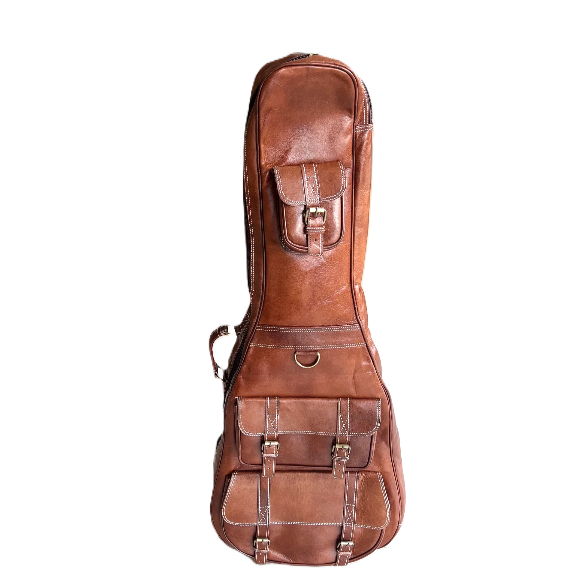 Brown leather guitar case on a white background