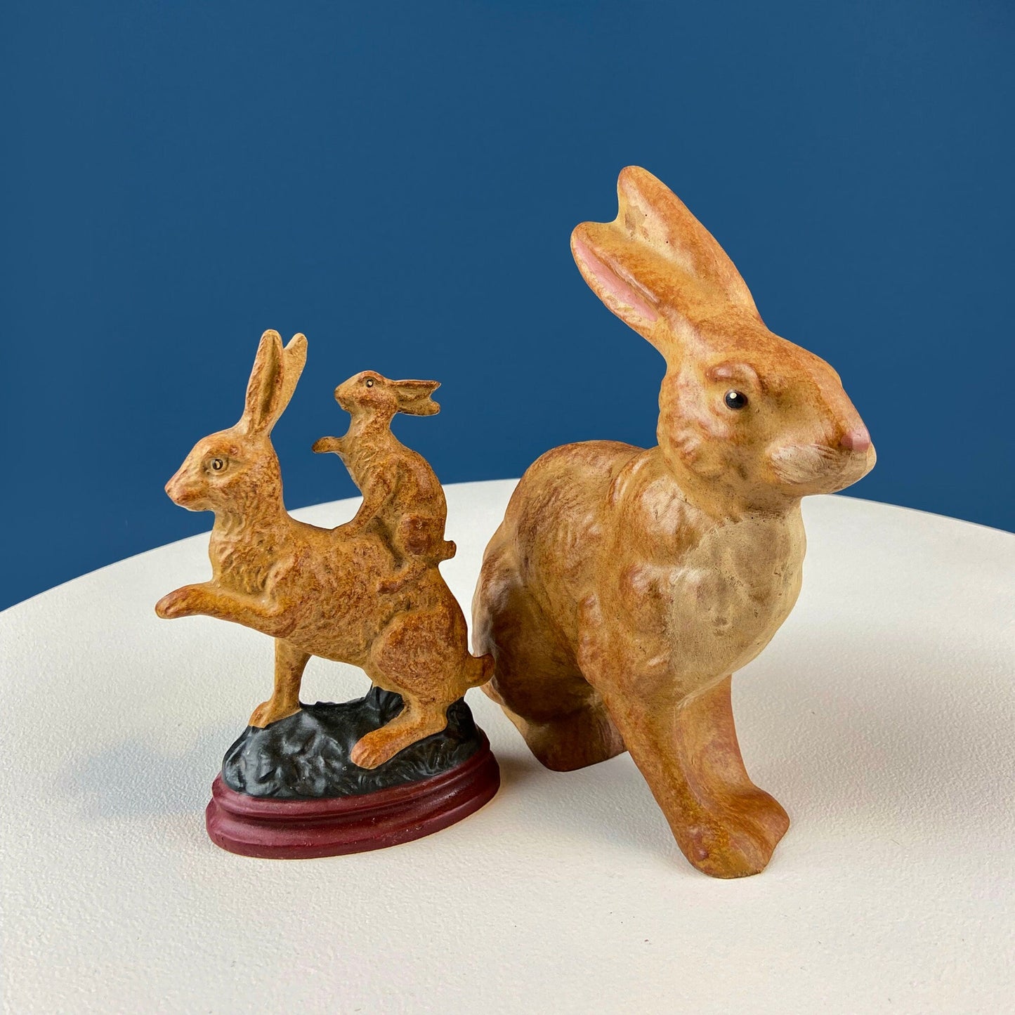 Brown Mom Bunny Figurine Carrying Baby Rabbit on her Back. Cute Rustic Ceramic Easter Decor. Spring Celebration. Modern Farmhouse.