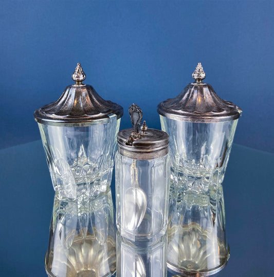 Vintage Collection of Clear Glass Jars with Silver Plated Covers. Relish, Jam, Preserves Serving Dishes with Lids. Set of 3. Table Decor.