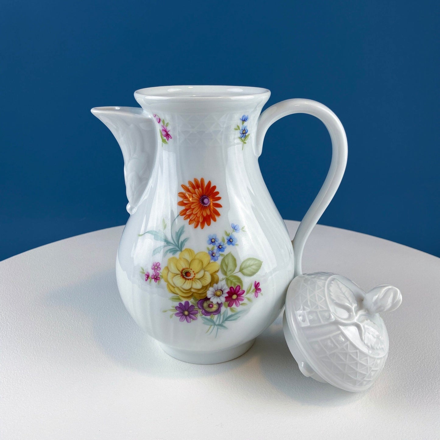 Antique Hutschenreuther Porcelain Coffee Set. Coffee or Teapot, Sugar Jar, Creamer, 2 8" Dessert Plates, & 6 Tea Cups/Saucers. Floral Motif.