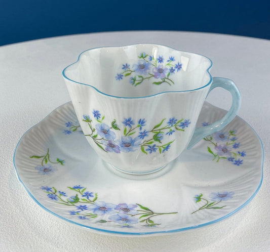 Antique Shelley Porcelain Cup and Saucer: Blue Rock Floral Pattern
