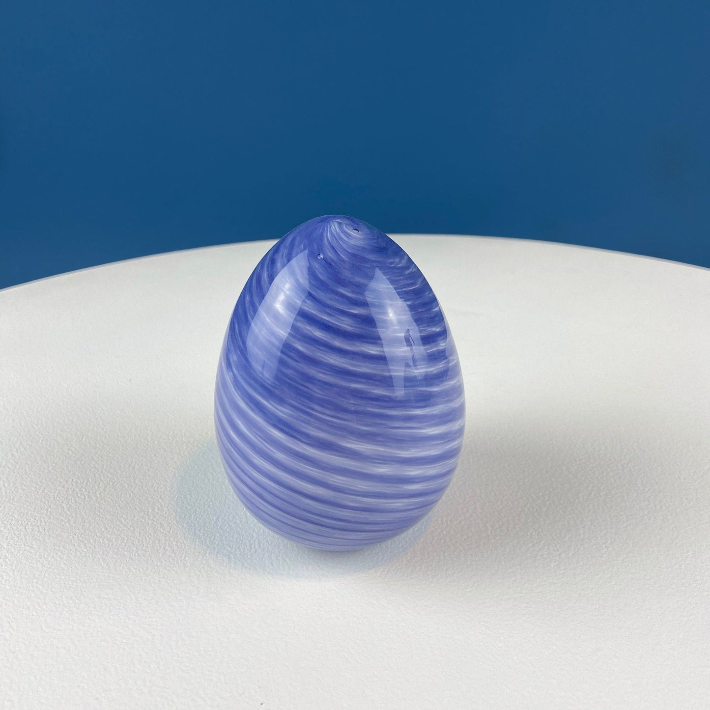 Set of Two Glass Eggs. Large Textured Blue and Smaller Purple with Swirl Embedded in Glass. Easter or Spring Decor. Dining Room Decor.