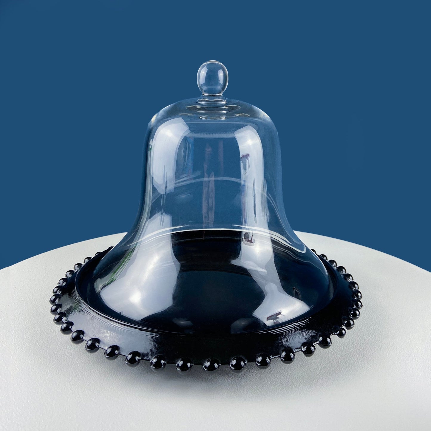 Vintage Black Milk Glass Serving Platter with Clear Bell Dome. Beaded Rim Black Amethyst Large Plate. Bell Dome. Home, Bakery, Cafe Display.